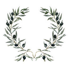 Watercolor Olive Leaf Wreath Illustration, Elegant Botanical Frame Arrangement for Invitations and Natural Designs