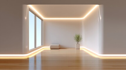 Fototapeta premium Modern minimalist room with LED lights, and calm space.