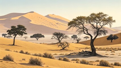 Desert landscape with trees and sand dunes under sky Nature background vector cartoon illustration.


