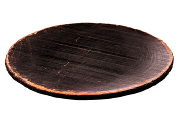 Circular wooden plate, rustic texture, rough edges, isolated, cut out transparent