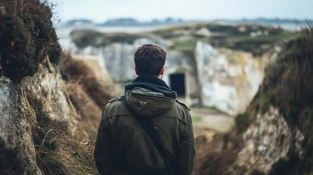 A Journey of Exploration: Capturing the quiet introspection of a lone figure, perched on a rugged landscape, gazing towards distant destinations.