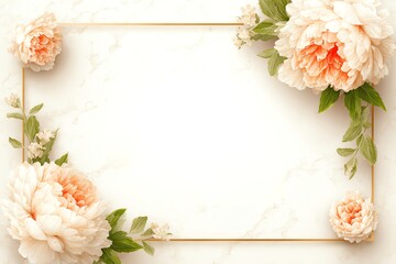 Elegant floral frame with soft pink peonies and green leaves on a marble background, ideal for invitations or decorative projects.