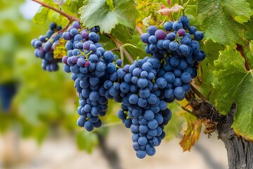 Naklejka premium Fresh Blue Grapes Hanging on Vine with Lush Green Leaves