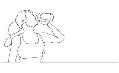 Continuous line drawing of sporty woman drink energy water from bottle. One single sketch art concept of healthy life style. Vector illustration editable stroke