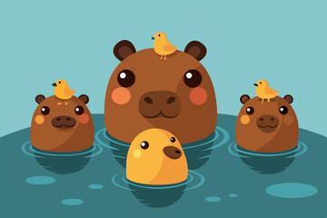 Cute Capybaras and Baby Birds Swimming in a Lake