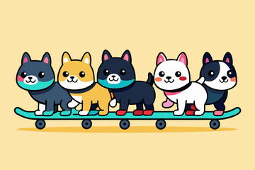 Five Cute Cartoon Dogs Riding a Skateboard Together