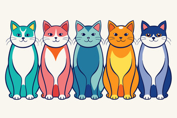 Five Colorful Cats Sitting in a Row Cute Cartoon Illustration