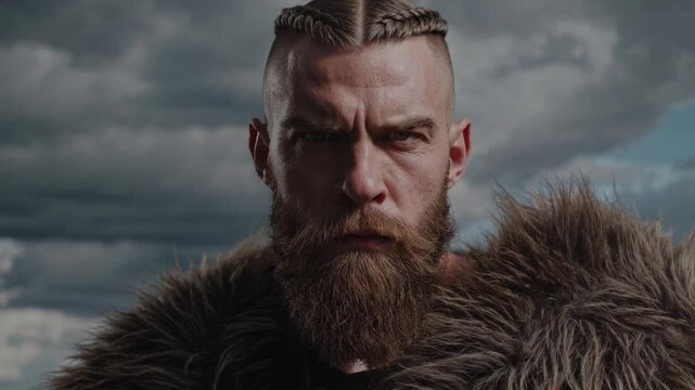 Guerrier viking au regard per&ccedil;ant sous un ciel orageux, portrait &eacute;pique de force et de d&eacute;termination

