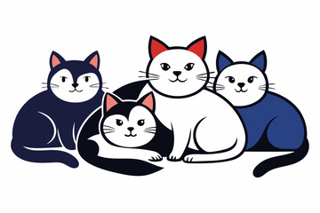 Adorable Group of Four Cartoon Cats Sitting Together