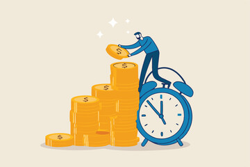 Long term investing or savings for retirement fund, compound interest or investment growth, tax time reminder concept, businessman on alarm clock put more dollar coin money to increase his savings.