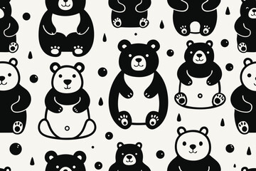 Adorable Black and White Cartoon Bears Seamless Pattern