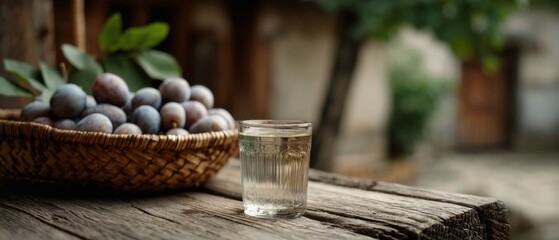 A woven basket of ripe plums sits on a rustic table beside a glass of clear liquid, evoking a sense of countryside tranquility.