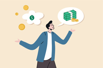 Exaggeration lying about investment profit, income or financial scam, extreme politics story, trap or pitfall concept, businessman liar talk about big profit while think of small money in reality.