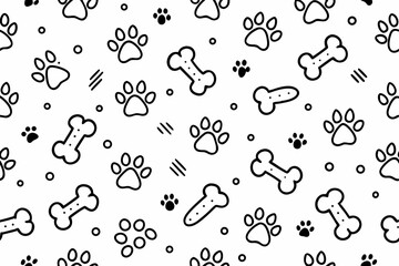 Seamless Pattern of Dog Paw Prints and Bones