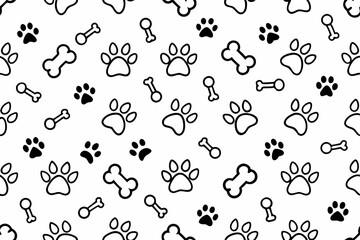 Seamless Pattern of Dog Paw Prints and Bones