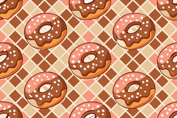 Delicious Chocolate Donuts with Sprinkles on Brown and Beige Pattern