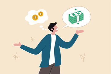 Exaggeration lying about investment profit, income or financial scam, extreme politics story, trap or pitfall concept, businessman liar talk about big profit while think of small money in reality.