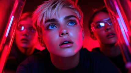 Young scientists exploring experiments in a vibrant laboratory setting at night