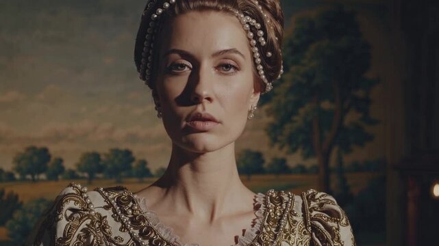 Femme noble en robe Renaissance avec regard intense, portrait stylis&eacute; dans un d&eacute;cor classique

