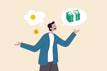 Exaggeration lying about investment profit, income or financial scam, extreme politics story, trap or pitfall concept, businessman liar talk about big profit while think of small money in reality.