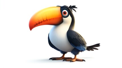 A vibrant and playful cartoon toucan with a large orange beak and striking black feathers, perfect for children's illustrations or educational materials about wildlife.