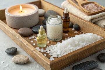 A peaceful spa setup showcasing essential oils, salt, and candles for wellness and relaxation.