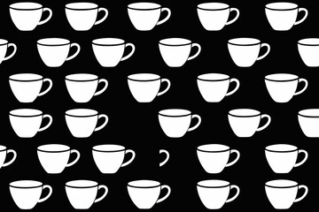 Seamless Pattern of White Coffee Cups on Black Background
