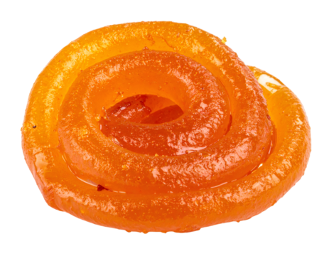 Delicious jalebi spiral glistening with syrup on transparent background