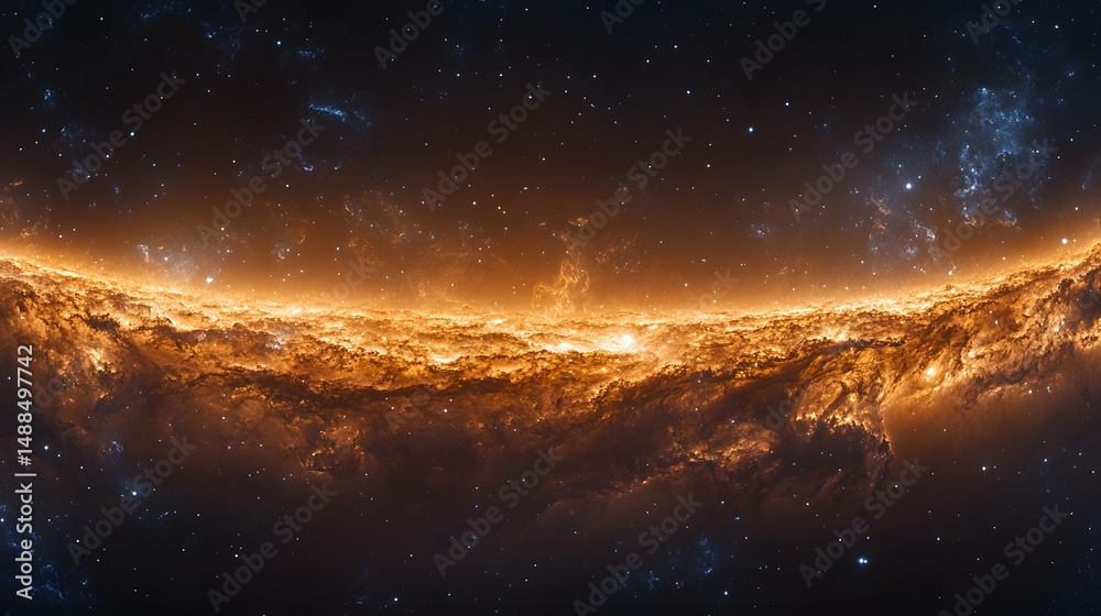 Poster a breathtaking cosmic view showcases a glowing nebula in orange and gold. swirling patterns and dist