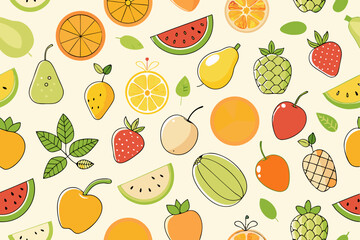 Colorful Seamless Pattern of Fresh Summer Fruits
