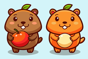 Two Adorable Cartoon Marmots Holding Fruits Apples and Pears