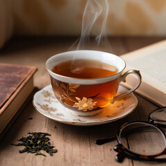 cup of tea on wooden background