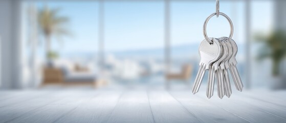 Elegant silver keys on ring with blurred architectural backdrop