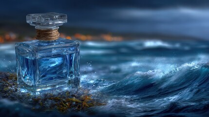 Stormy seascape with crashing waves, dramatic blue tones, turbulent ocean showcasing nature's power, perfect for mood setting.