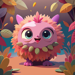 Adorable Pink Autumn Monster Cartoon Character Illustration