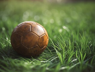 Fototapeta premium Vintage Soccer Ball Resting on Green Grass in the Sun