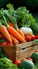 Freshly harvested vegetables arranged in a wooden crate at a farm