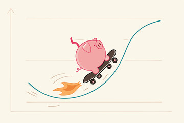 Stock market rebound, make profit from investment or growing wealth, get rich or financial success savings concept, happy pink piggy bank savings riding fast skateboard on investment rising up graph.