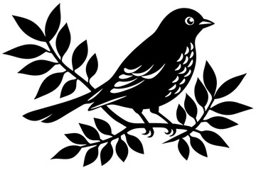 Black and White Silhouette of a Bird Perched on a Branch with Leaves