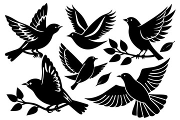 Collection of Six Black Silhouette Birds in Flight and on Branches
