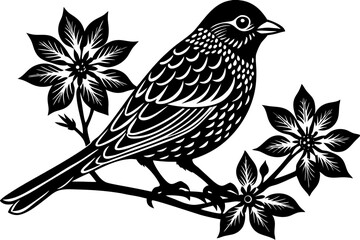 Black and White Illustration of a Bird Perched on a Flowering Branch