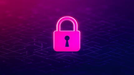 Fototapeta premium A glowing pink padlock icon symbolizes digital security and protection on a dark, abstract technological background.