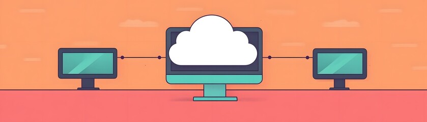 Illustration of three computers connected to a cloud, representing cloud computing and data sharing technology.