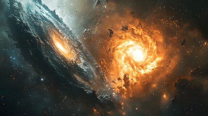 Obraz premium Cosmic dance of spiral galaxies ablaze with stellar fire and celestial light. A stunning vista of deep space wonders. Astronomy and Galaxy backgrounds.