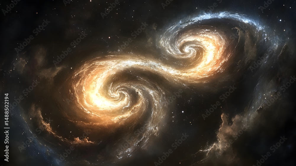 Aufkleber cosmic dance of nebulae! golden and blue hues intertwine in an ethereal s-shape against the starlit 