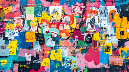 Naklejka premium Colorful Urban Wall with Mixed Media Collage and Graffiti Art