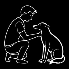 Man Kneeling and Gently Touching a Dog Outline Illustration