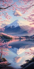 Fuji with cherry blossoms, and lake reflection.