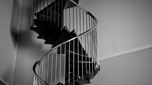 Elegant interior view showcases a modern black spiral staircase with reflective stainless steel railings against a minimalist gray wall.