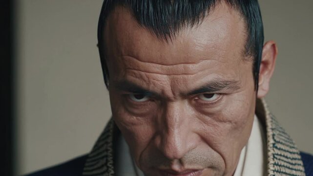 Gros plan sur le regard s&eacute;v&egrave;re d&rsquo;un homme en tenue traditionnelle, portrait puissant et introspectif

